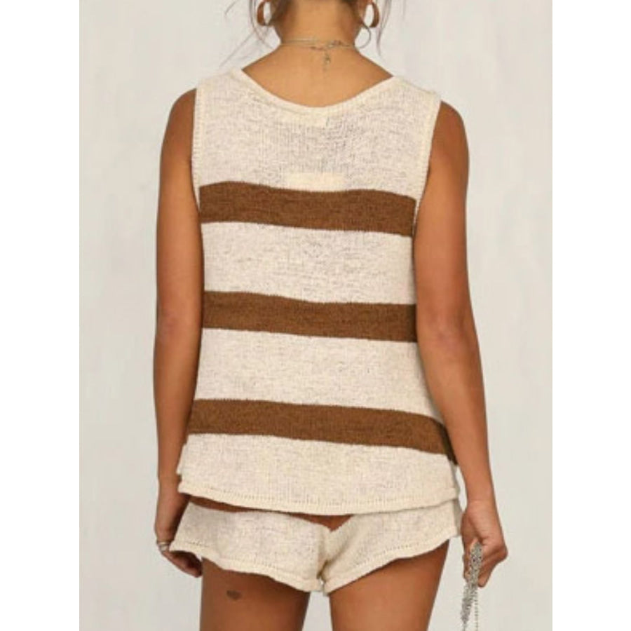 V-Neck Sleeveless Top and Drawstring Shorts Sweater Set Brown / S Apparel and Accessories