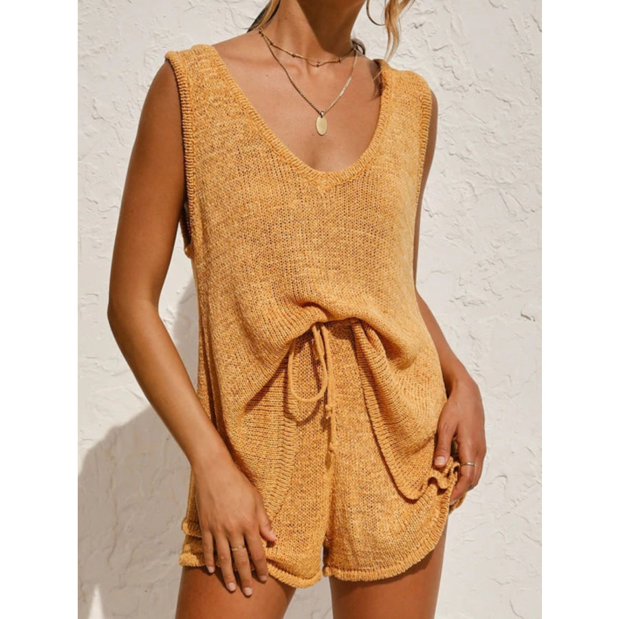 V-Neck Sleeveless Top and Drawstring Shorts Sweater Set Apparel and Accessories