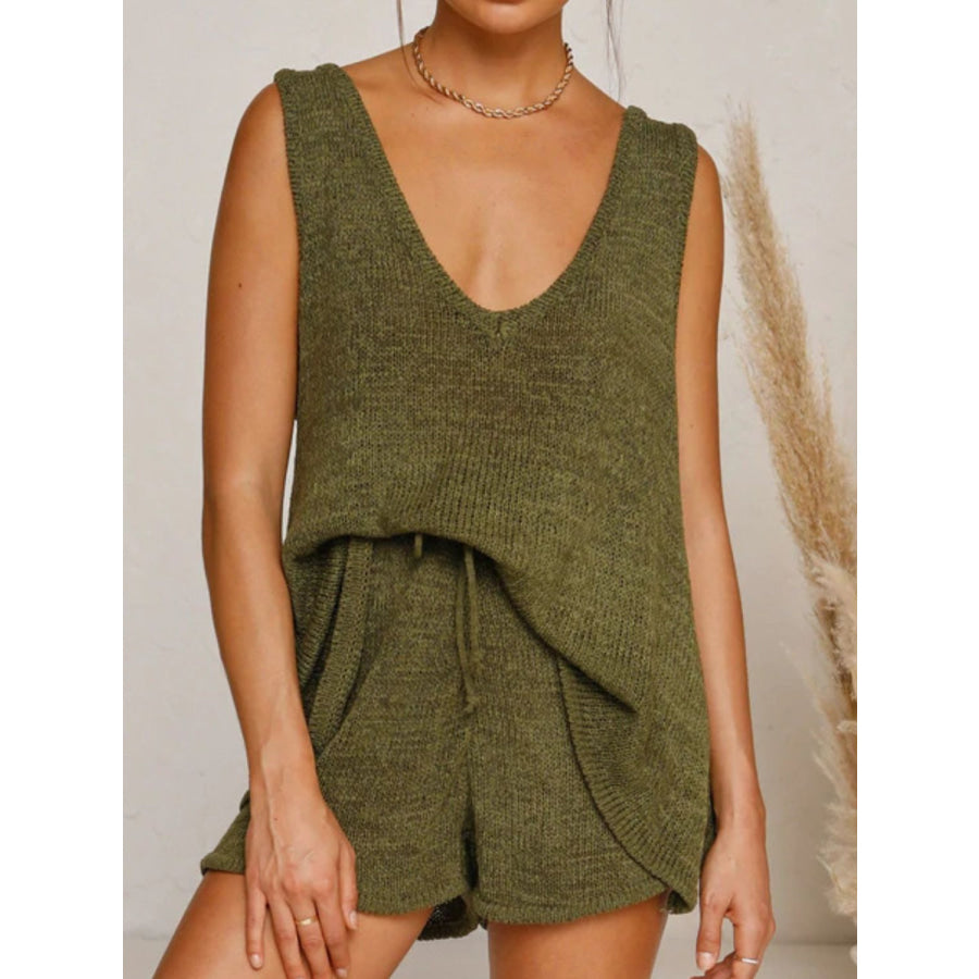 V-Neck Sleeveless Top and Drawstring Shorts Sweater Set Apparel and Accessories