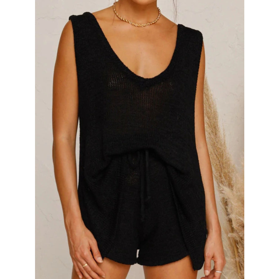 V-Neck Sleeveless Top and Drawstring Shorts Sweater Set Black / S Apparel and Accessories