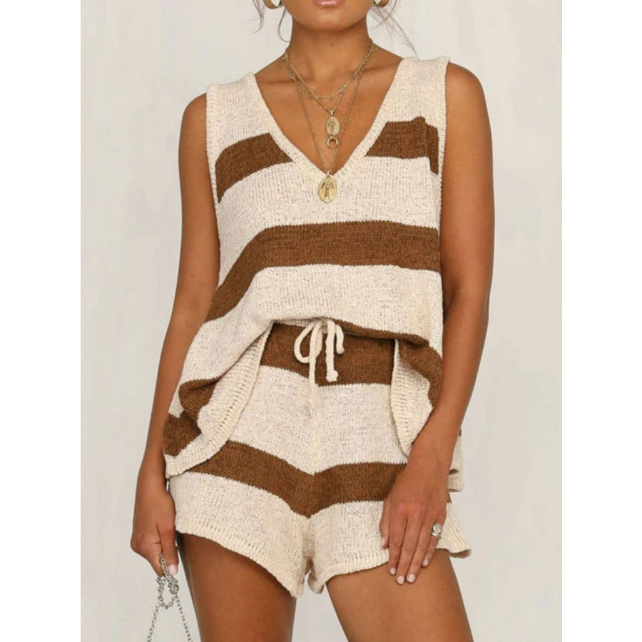 V-Neck Sleeveless Top and Drawstring Shorts Sweater Set Brown / S Apparel and Accessories