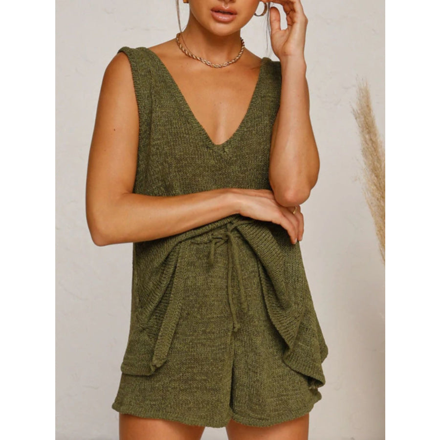 V-Neck Sleeveless Top and Drawstring Shorts Sweater Set Moss / S Apparel and Accessories