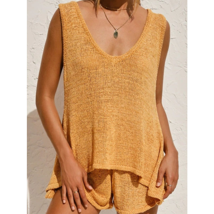 V-Neck Sleeveless Top and Drawstring Shorts Sweater Set Mustard / S Apparel and Accessories