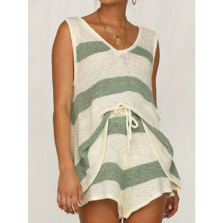 V-Neck Sleeveless Top and Drawstring Shorts Sweater Set Sage / S Apparel and Accessories