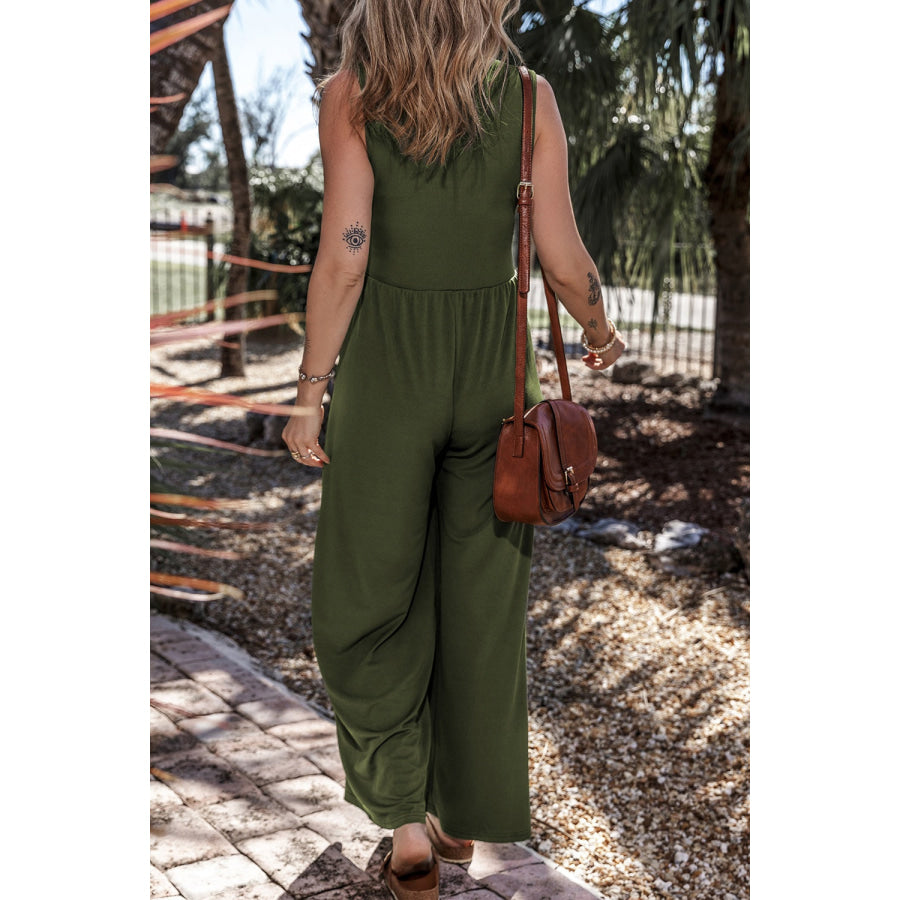 V-Neck Sleeveless Wide Leg Jumpsuit Moss / S Apparel and Accessories