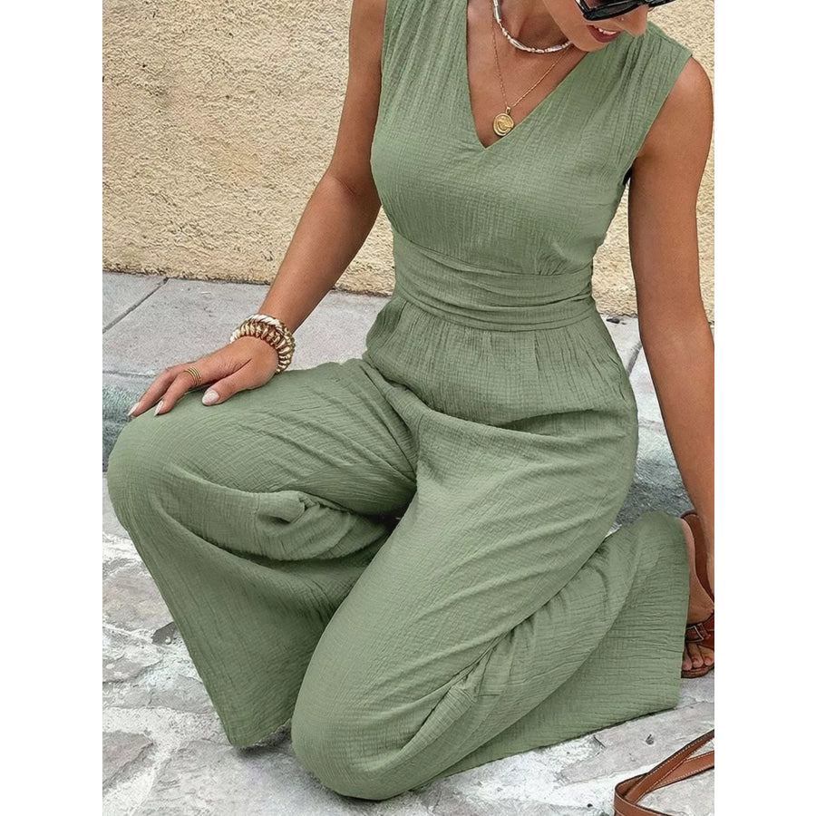 V-Neck Sleeveless Wide Leg Jumpsuit Apparel and Accessories