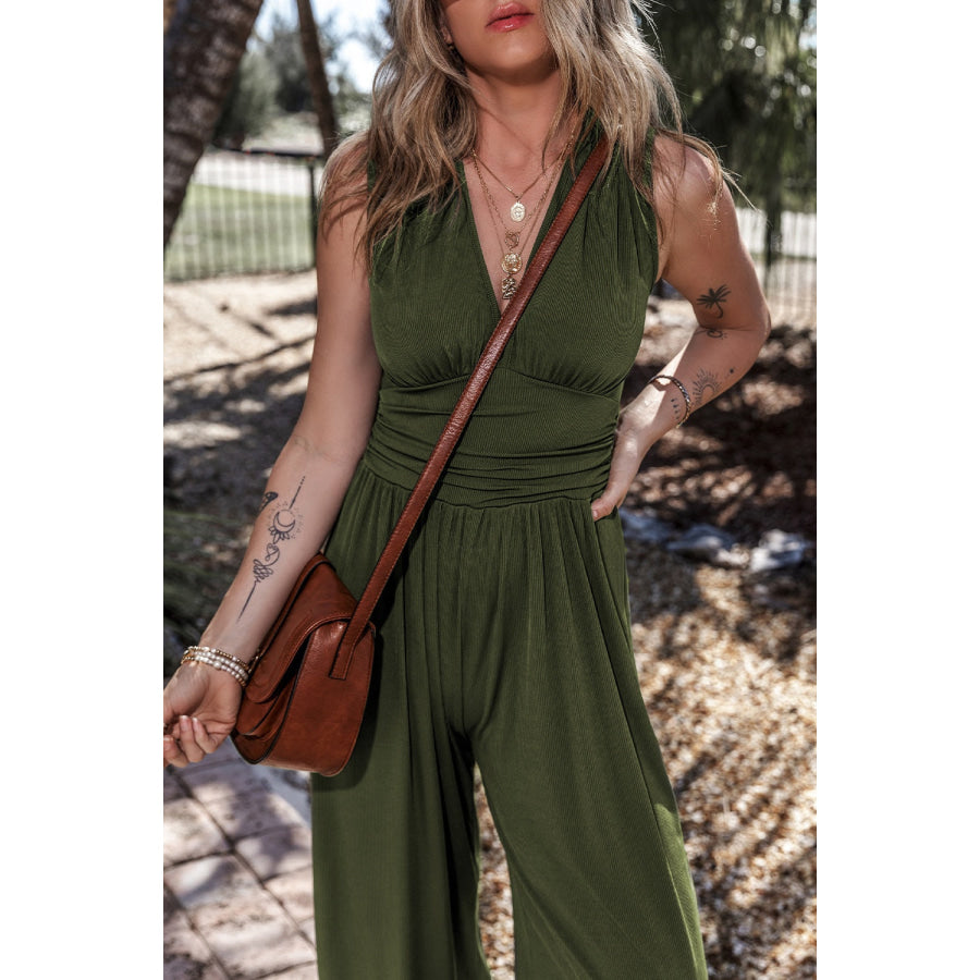 V-Neck Sleeveless Wide Leg Jumpsuit Apparel and Accessories