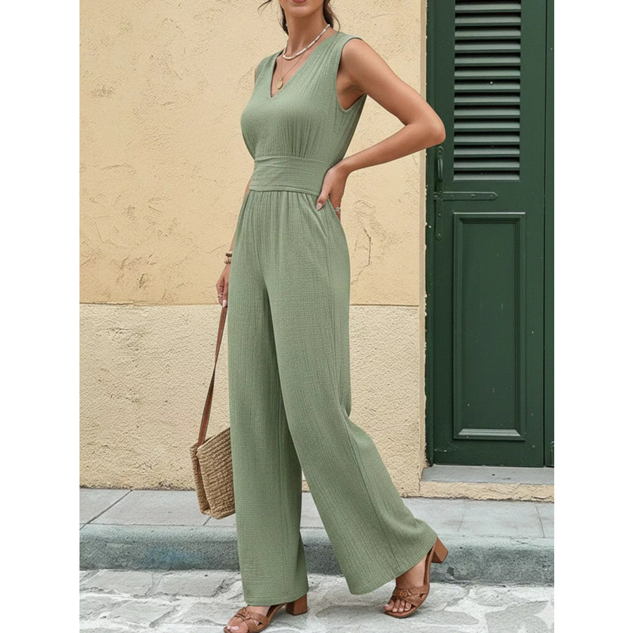V-Neck Sleeveless Wide Leg Jumpsuit Apparel and Accessories