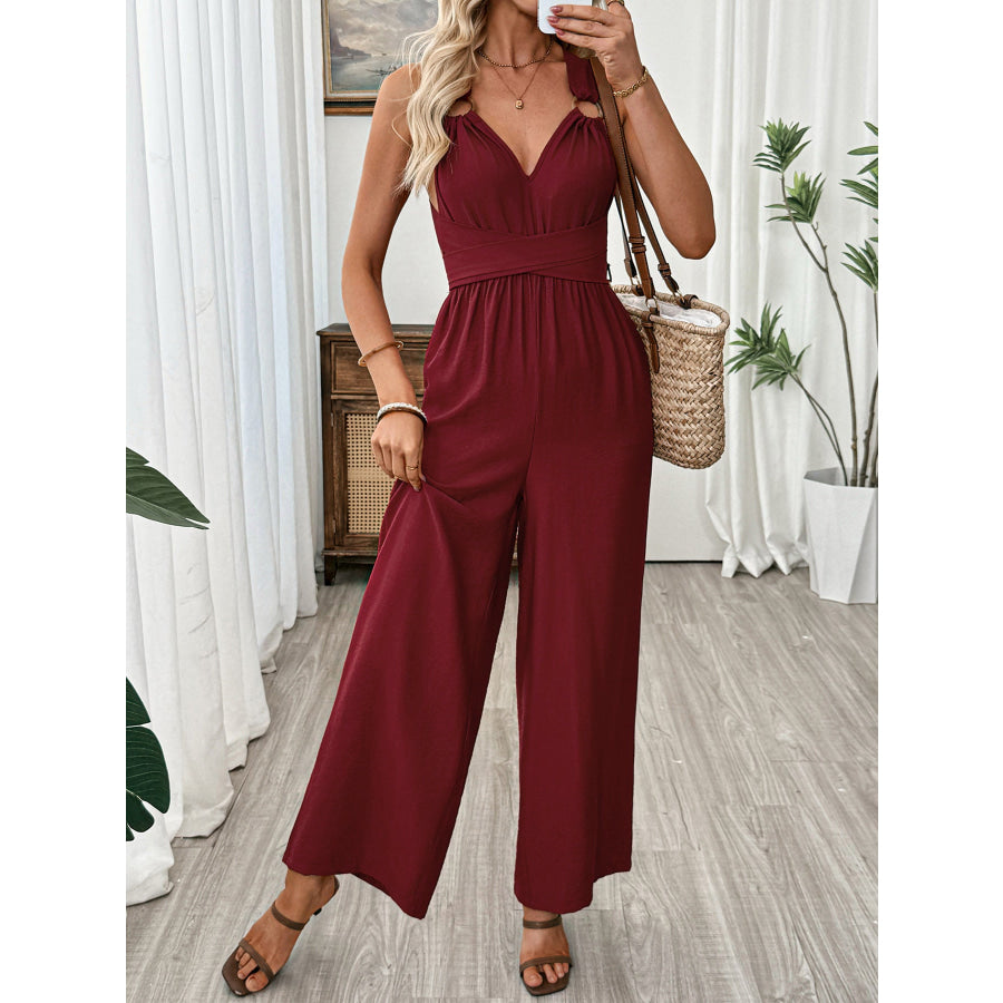 V-Neck Sleeveless Wide Leg Jumpsuit Burgundy / S Apparel and Accessories