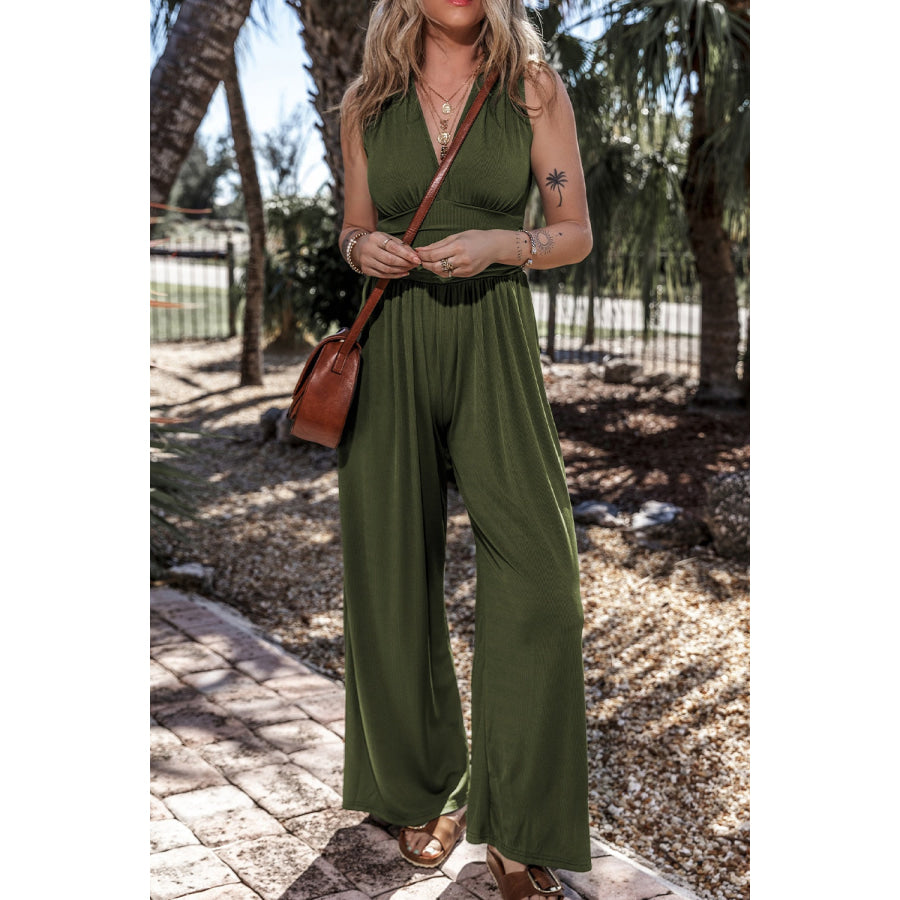 V-Neck Sleeveless Wide Leg Jumpsuit Moss / S Apparel and Accessories