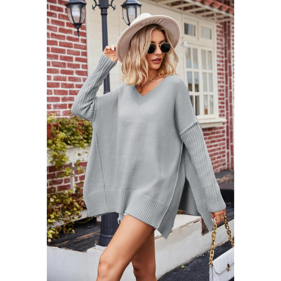 V-Neck Slit Exposed Seam Sweater Clothing