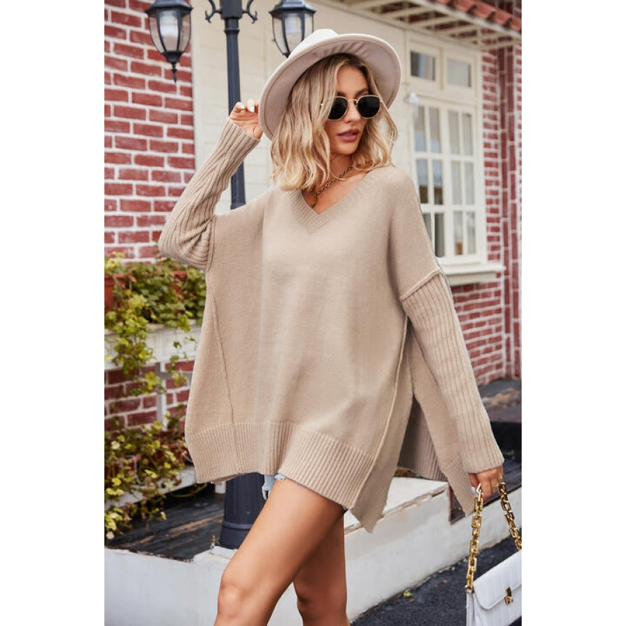 V-Neck Slit Exposed Seam Sweater Clothing