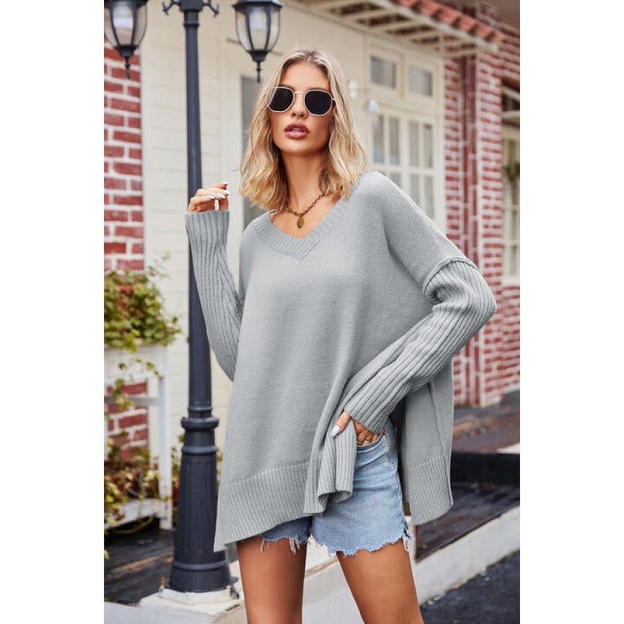 V-Neck Slit Exposed Seam Sweater Cloudy Blue / S Clothing