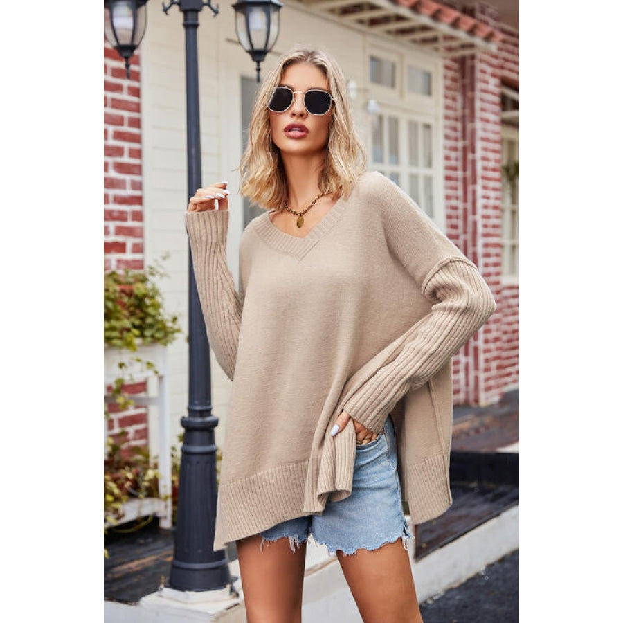 V-Neck Slit Exposed Seam Sweater Tan / S Clothing