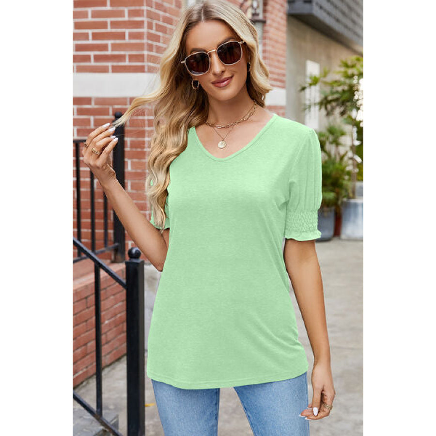 V - Neck Smocked Short Sleeve T - Shirt Apparel and Accessories