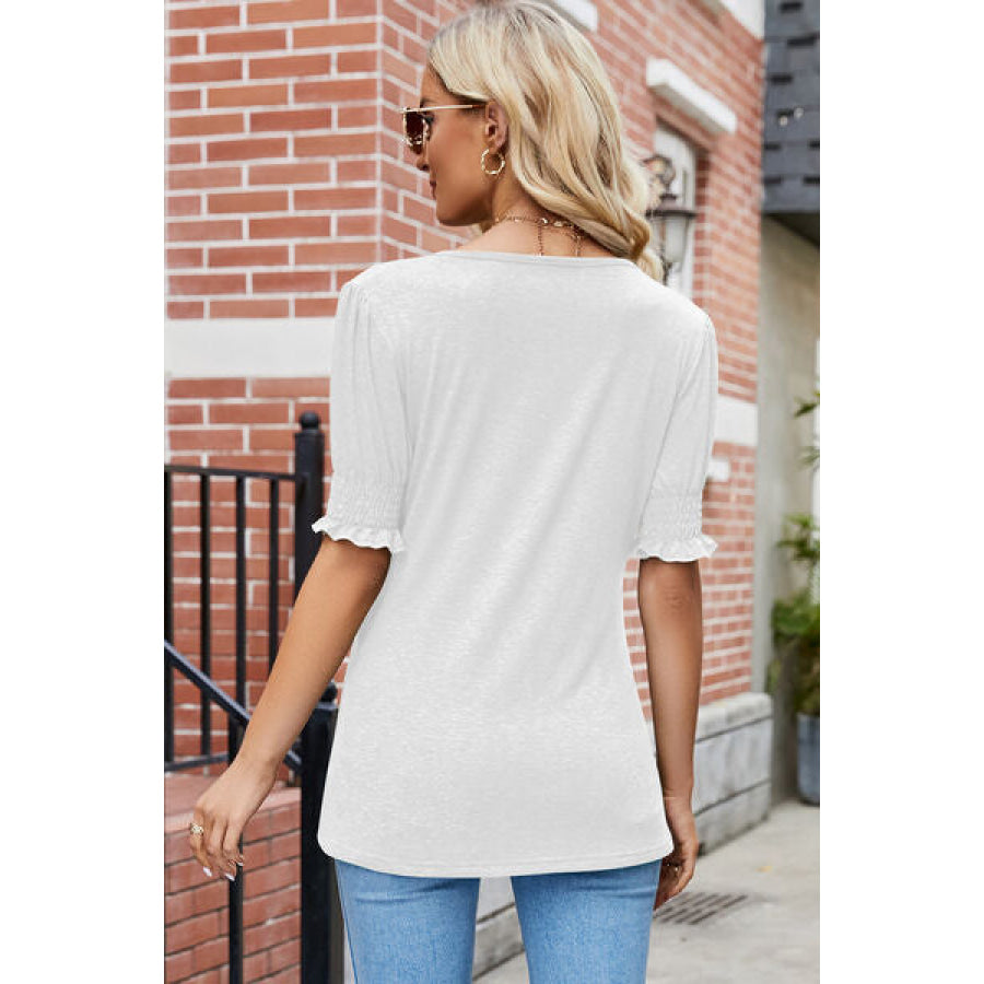 V - Neck Smocked Short Sleeve T - Shirt White / S Apparel and Accessories