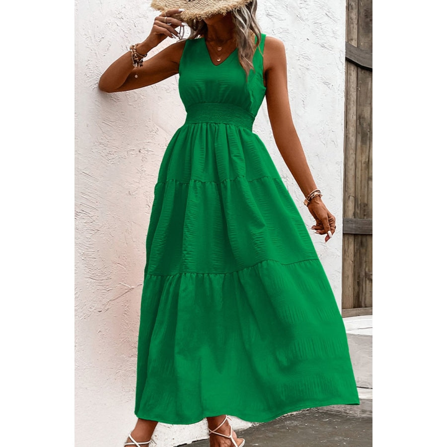 V-Neck Smocked Waist Sleeveless Tiered Dress Mid Green / M