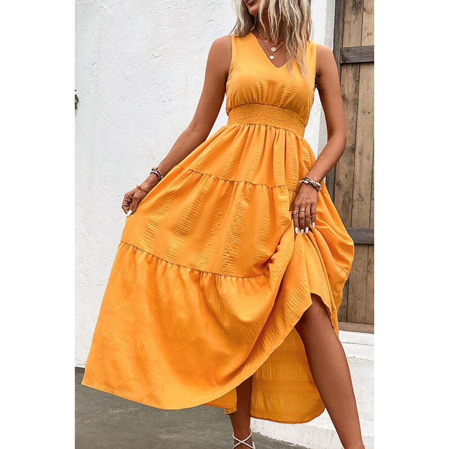 V-Neck Smocked Waist Sleeveless Tiered Dress