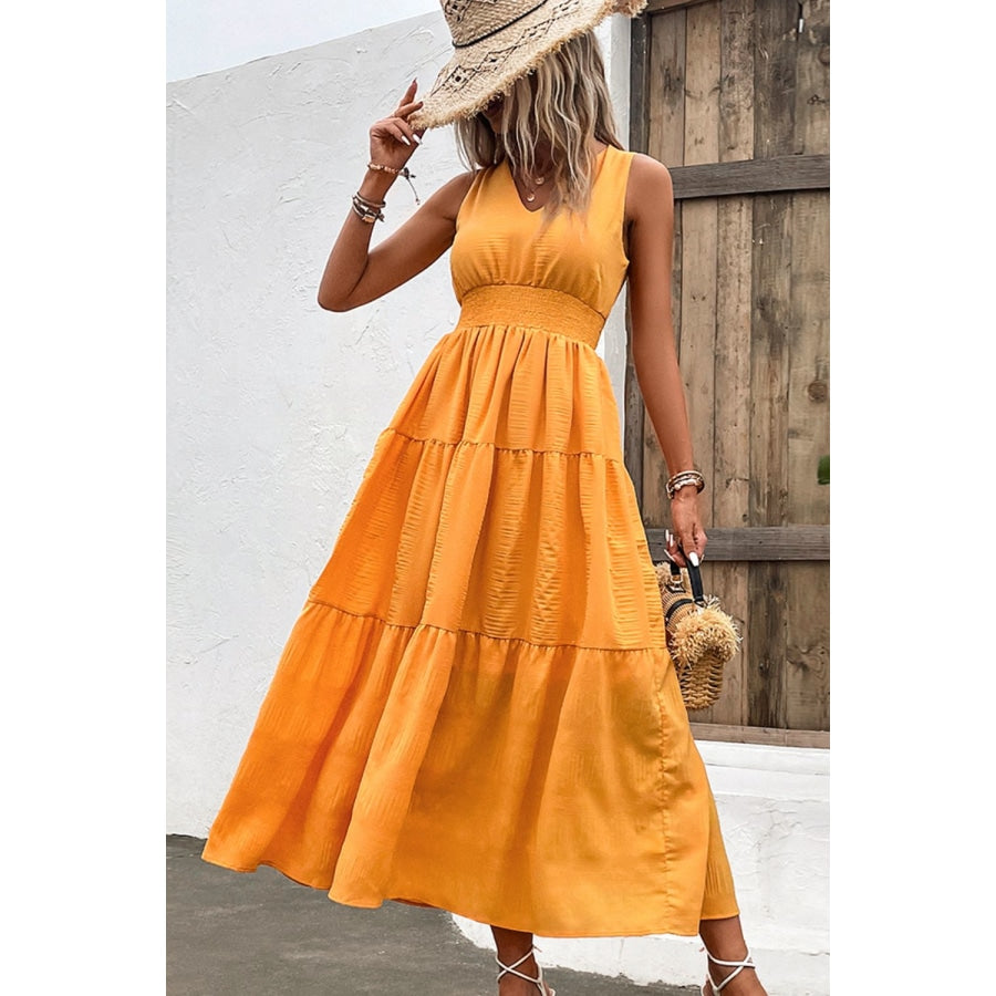 V-Neck Smocked Waist Sleeveless Tiered Dress