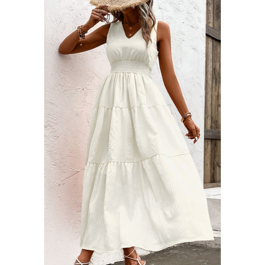 V-Neck Smocked Waist Sleeveless Tiered Dress White / XL