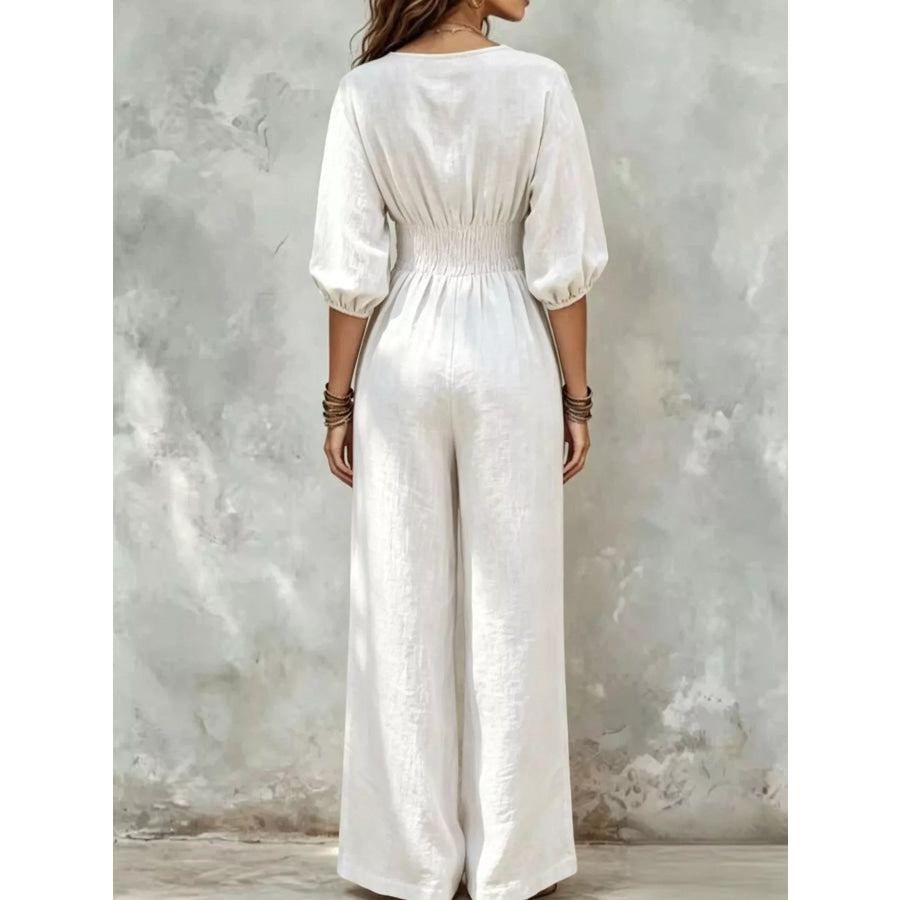 V-Neck Smocked Waist Wide-Leg Jumpsuit Apparel and Accessories