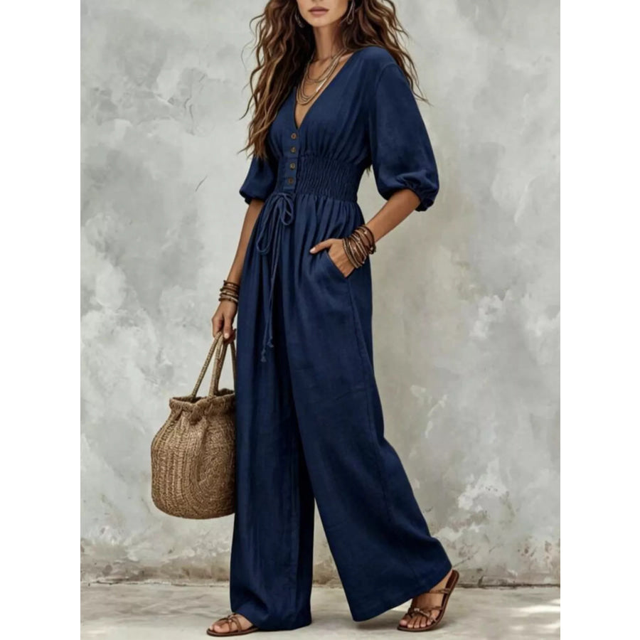 V-Neck Smocked Waist Wide-Leg Jumpsuit Apparel and Accessories