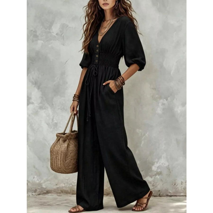 V-Neck Smocked Waist Wide-Leg Jumpsuit Apparel and Accessories