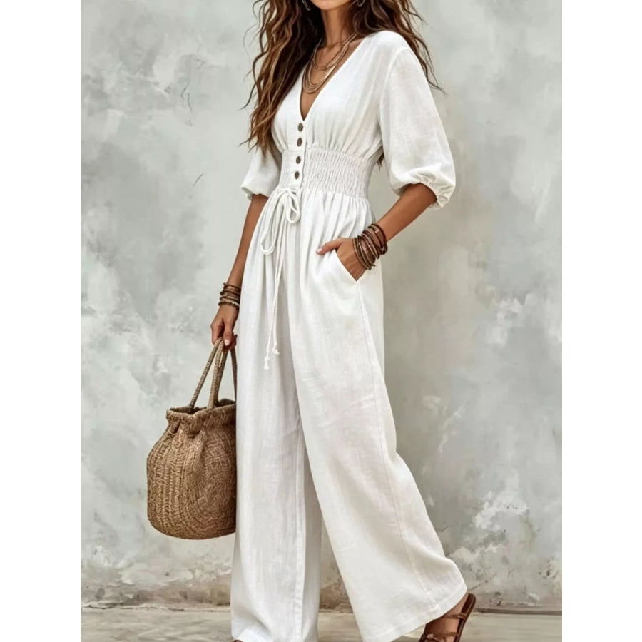 V-Neck Smocked Waist Wide-Leg Jumpsuit Apparel and Accessories