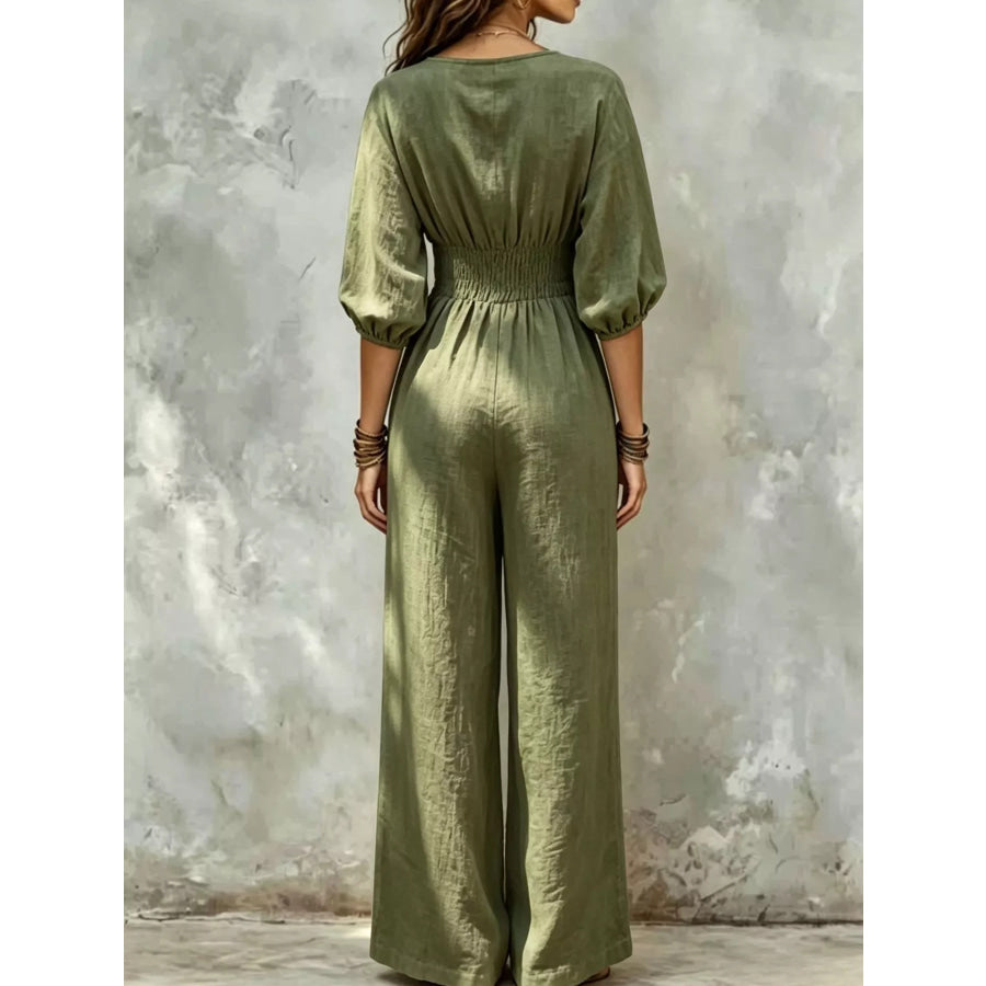 V-Neck Smocked Waist Wide-Leg Jumpsuit Apparel and Accessories