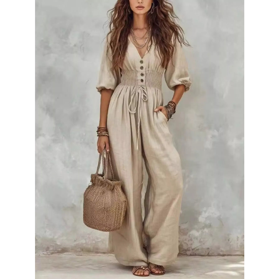 V-Neck Smocked Waist Wide-Leg Jumpsuit Apricot Color / S Apparel and Accessories