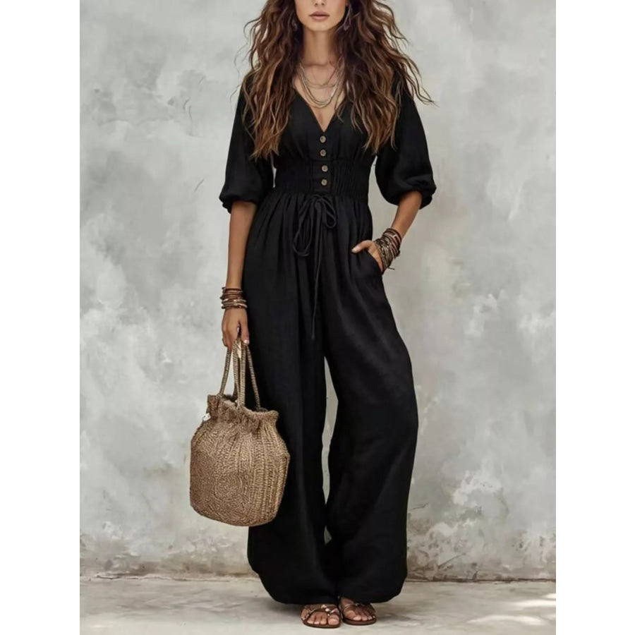 V-Neck Smocked Waist Wide-Leg Jumpsuit Black / S Apparel and Accessories