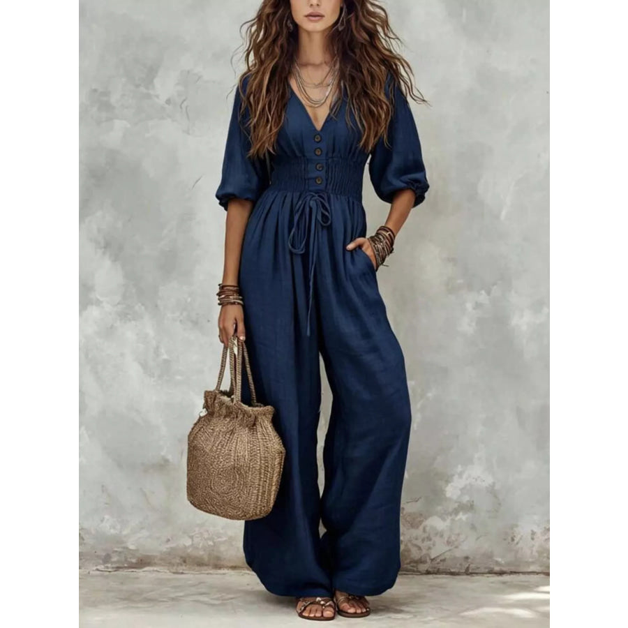V-Neck Smocked Waist Wide-Leg Jumpsuit Navy Blue / S Apparel and Accessories