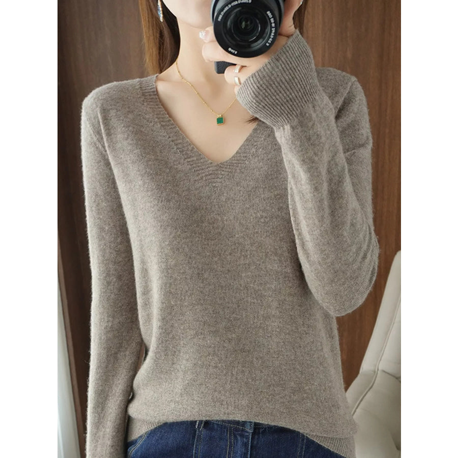 V-Neck Solid Color Sweater Dark Camel / M Apparel and Accessories