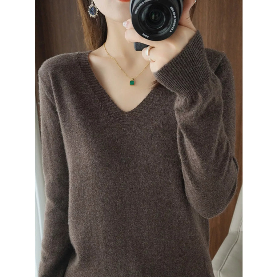 V-Neck Solid Color Sweater Dark Coffee / M Apparel and Accessories