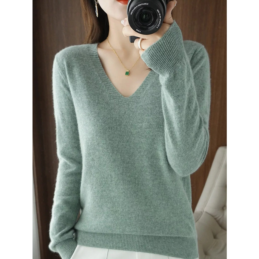 V-Neck Solid Color Sweater Leaf Green / M Apparel and Accessories