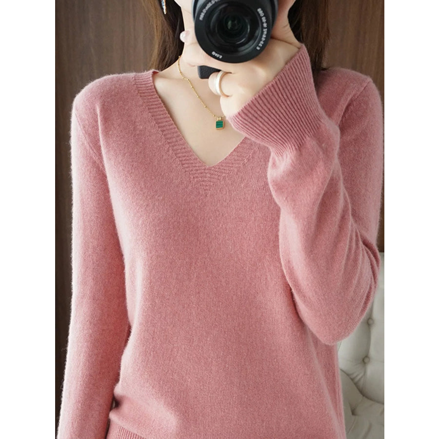 V-Neck Solid Color Sweater Pink / M Apparel and Accessories