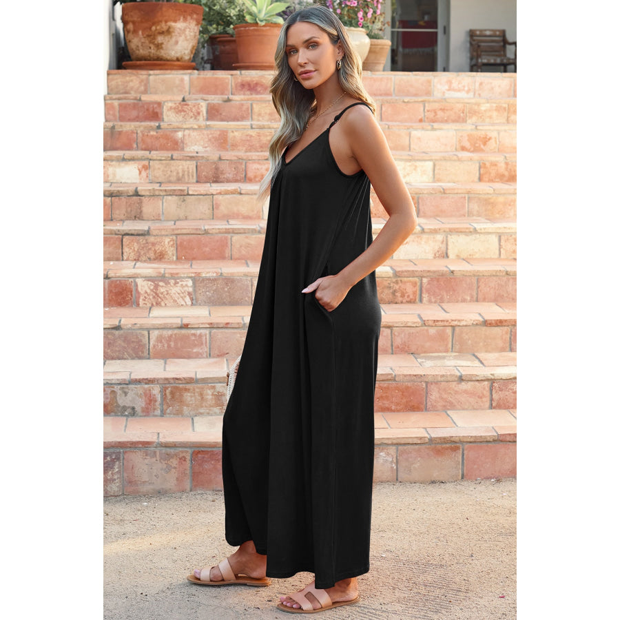 V - Neck Spaghetti Strap Jumpsuit Black / S Apparel and Accessories