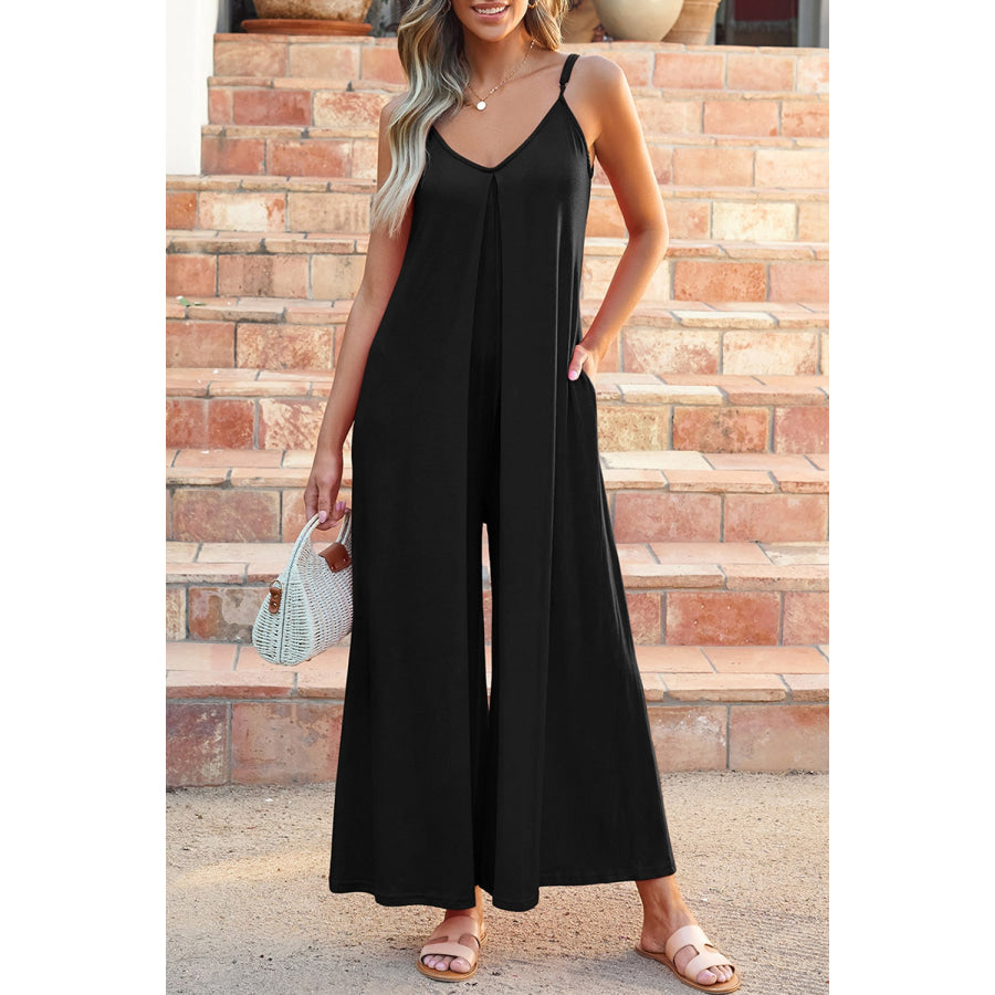 V - Neck Spaghetti Strap Jumpsuit Black / S Apparel and Accessories