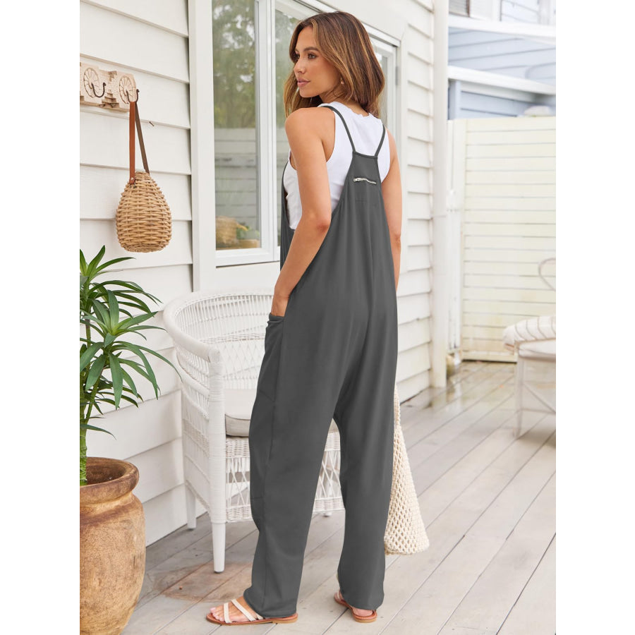 V - Neck Spaghetti Strap Jumpsuit Charcoal / S Apparel and Accessories