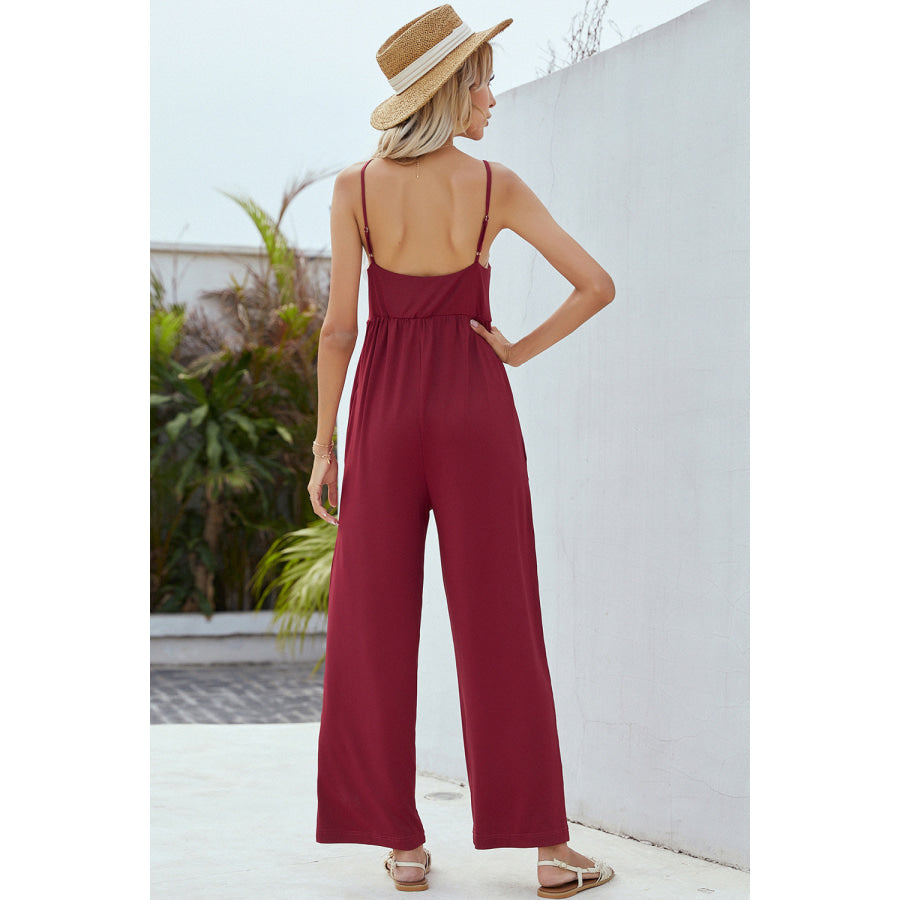 V-Neck Spaghetti Strap Wide Leg Jumpsuit Burgundy / S Apparel and Accessories