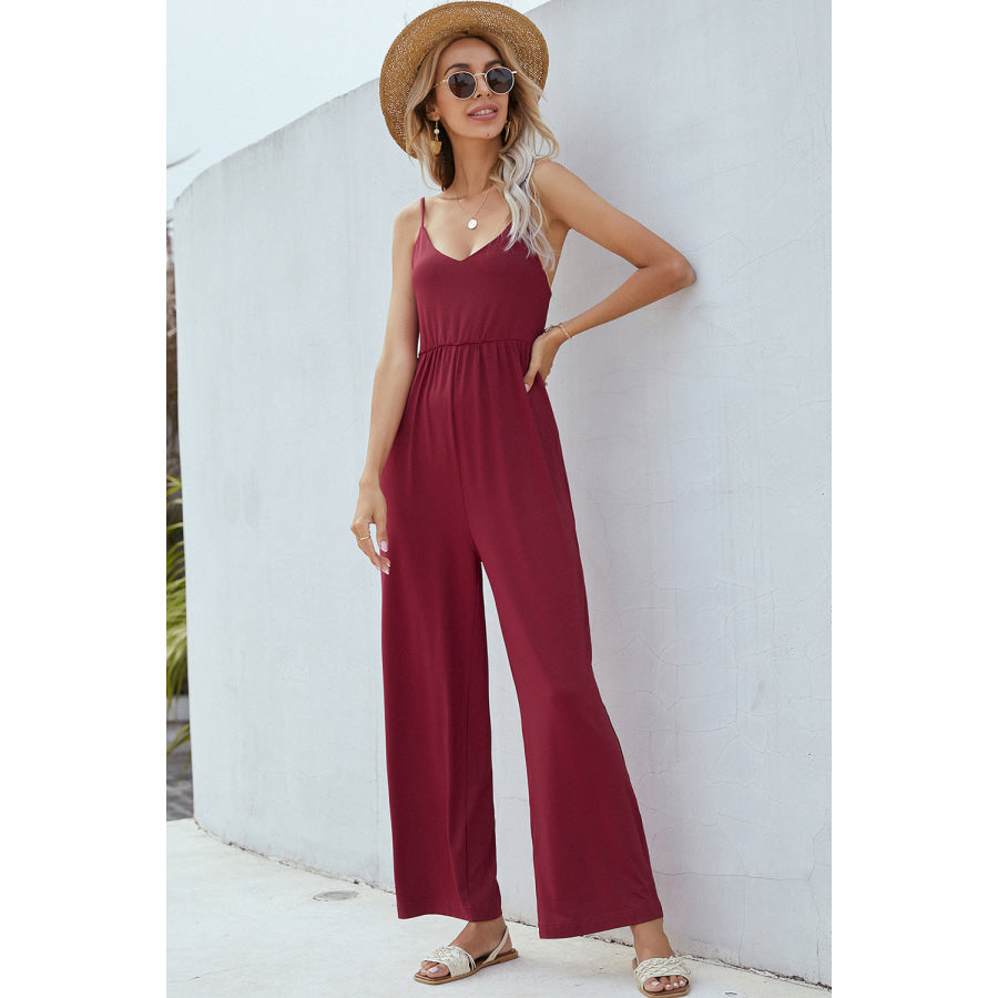 V-Neck Spaghetti Strap Wide Leg Jumpsuit Burgundy / S Apparel and Accessories