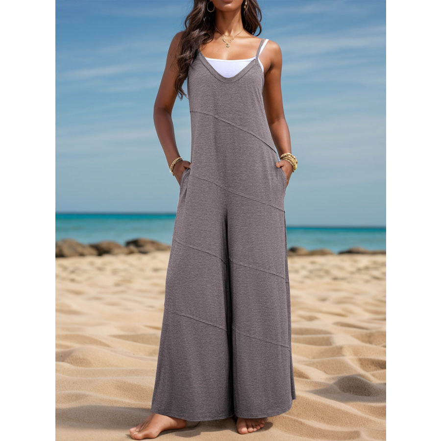 V-Neck Spaghetti Strap Wide Leg Jumpsuit Mocha / S Apparel and Accessories