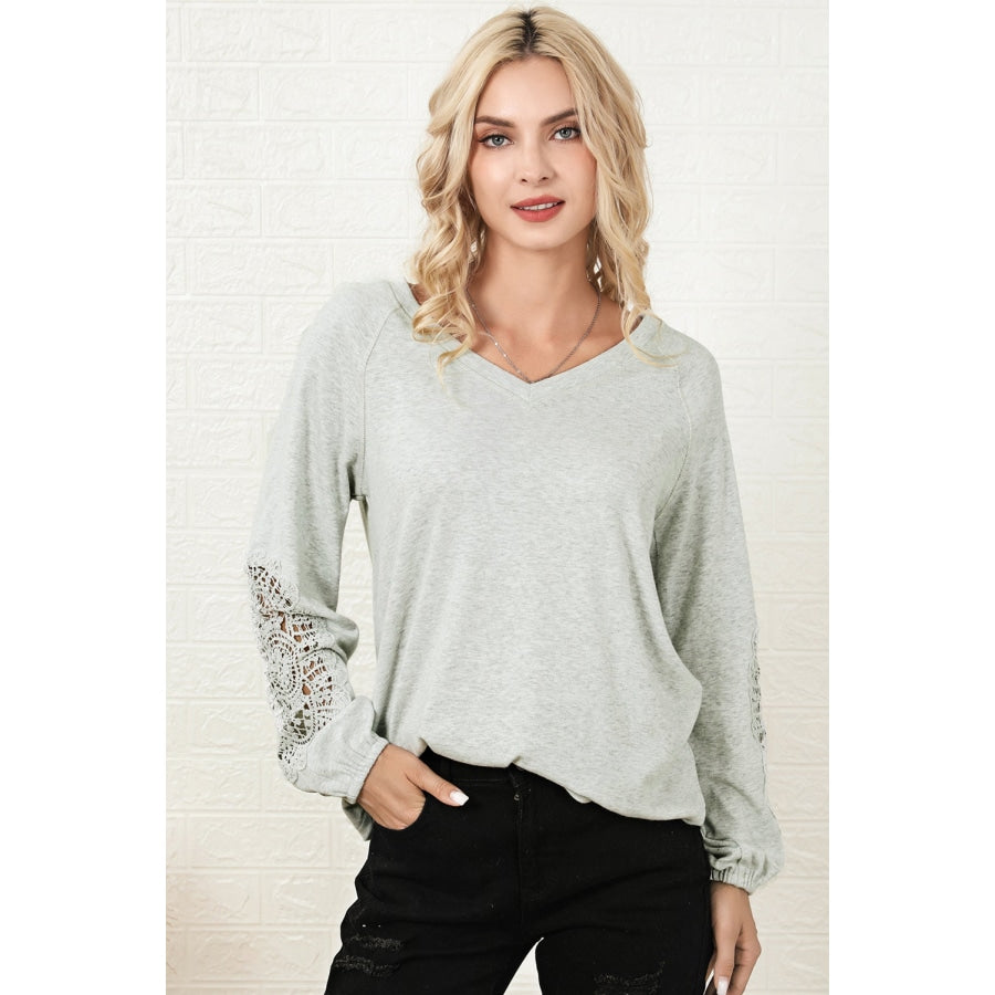 V-Neck Spliced Lace Top Light Gray / S