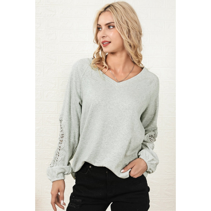 V-Neck Spliced Lace Top Light Gray / S