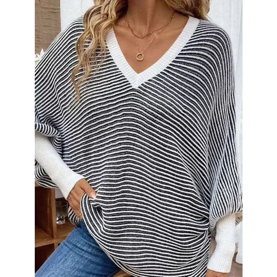 V-Neck Striped Batwing Sleeve Sweater Apparel and Accessories