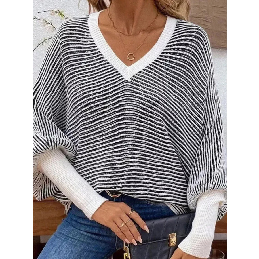V-Neck Striped Batwing Sleeve Sweater Apparel and Accessories