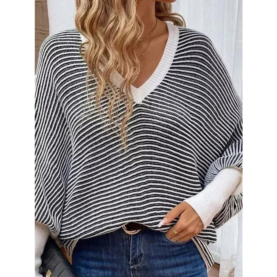 V-Neck Striped Batwing Sleeve Sweater Apparel and Accessories