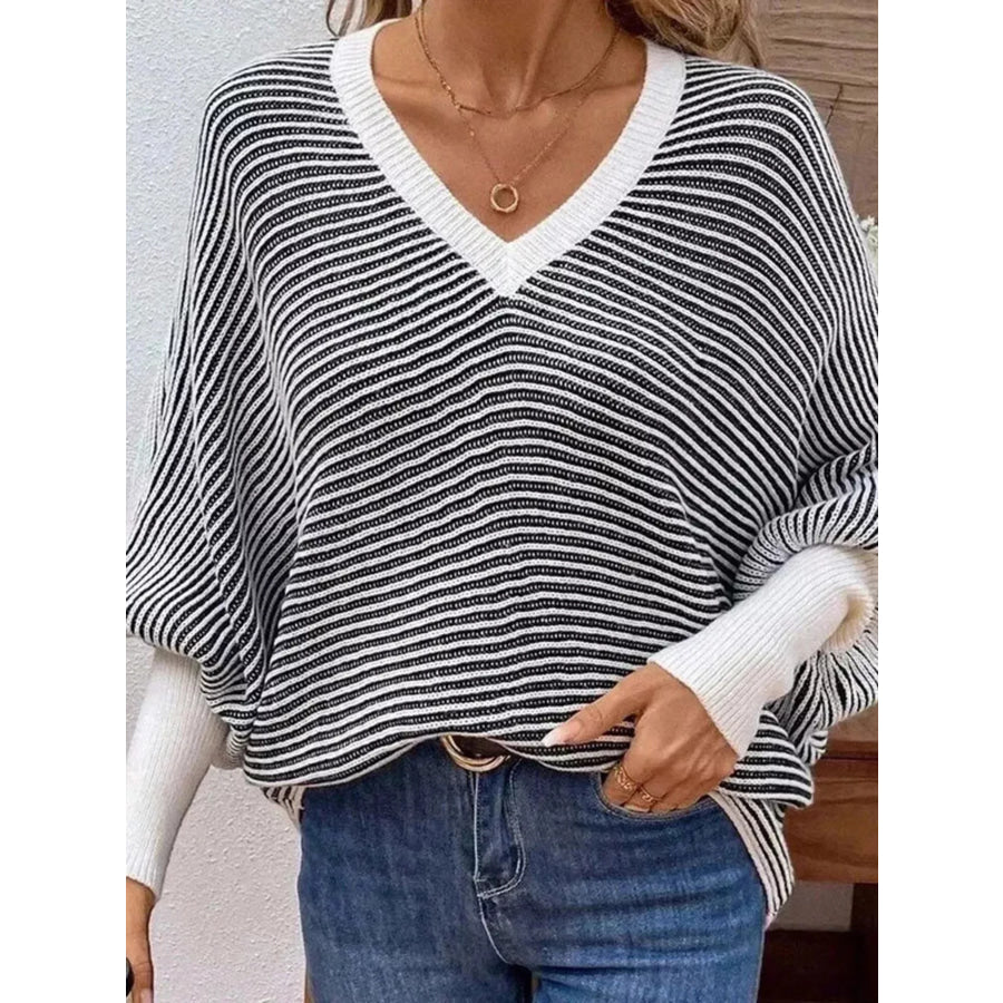 V-Neck Striped Batwing Sleeve Sweater Black / S Apparel and Accessories