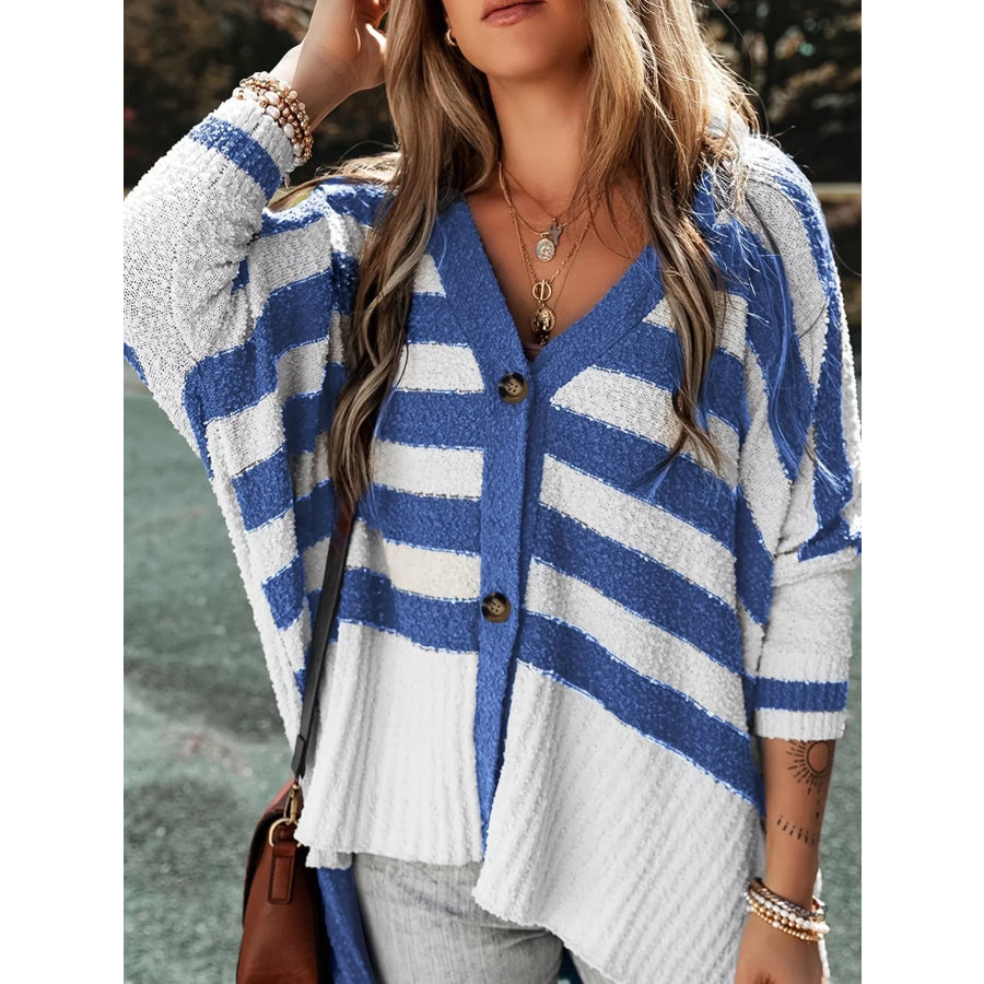 V-Neck Striped Button-Down Cardigan Royal Blue / S Apparel and Accessories