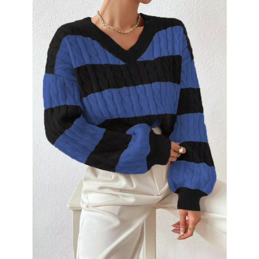 V-Neck Striped Cable Knit Sweater Black Plus Royal Blue / S Apparel and Accessories